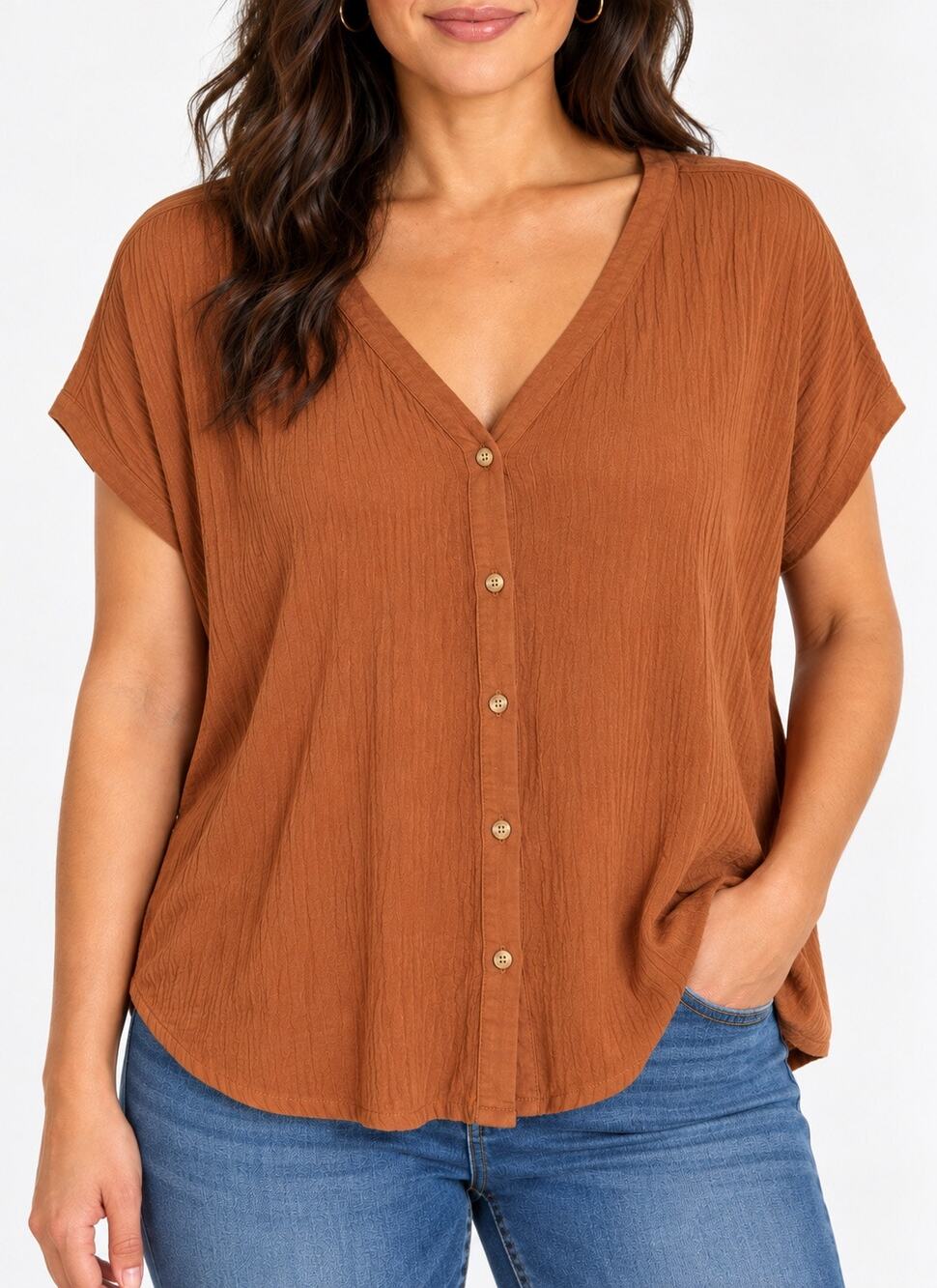 Orvis Women’s Button Front Crinkle Rayon Blouse Rust Extra Large XL